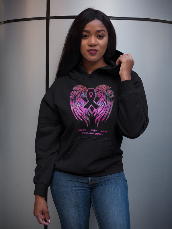 Faith Hope love Breast Cancer Awareness Pink Wings Hoodie -BLACK