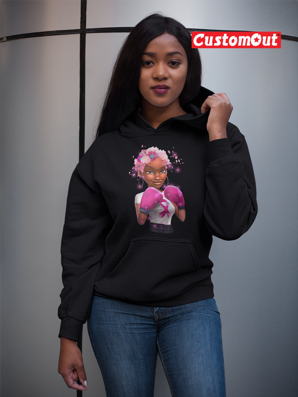 Breast Cancer Girl Boxing Warrior Breast Cancer Woman Ribbon Hoodie -BLACK