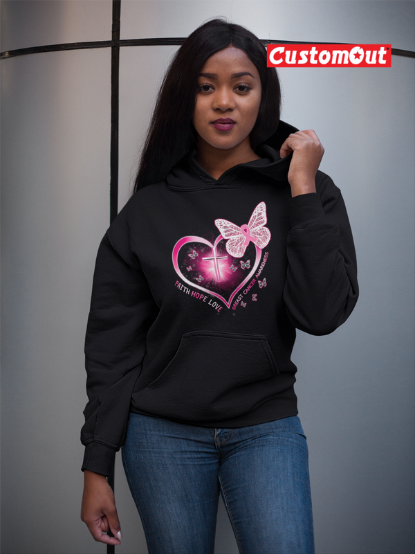 Breast cancer heart cross butterfly gift survivor Hoodie -BLACK