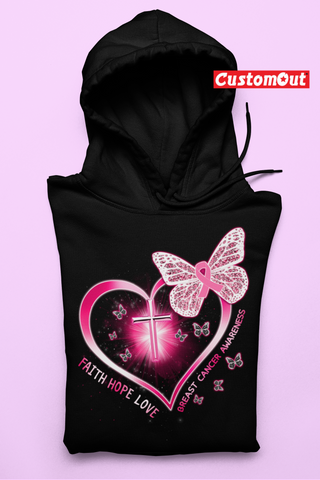 Breast cancer heart cross butterfly gift survivor Hoodie -BLACK