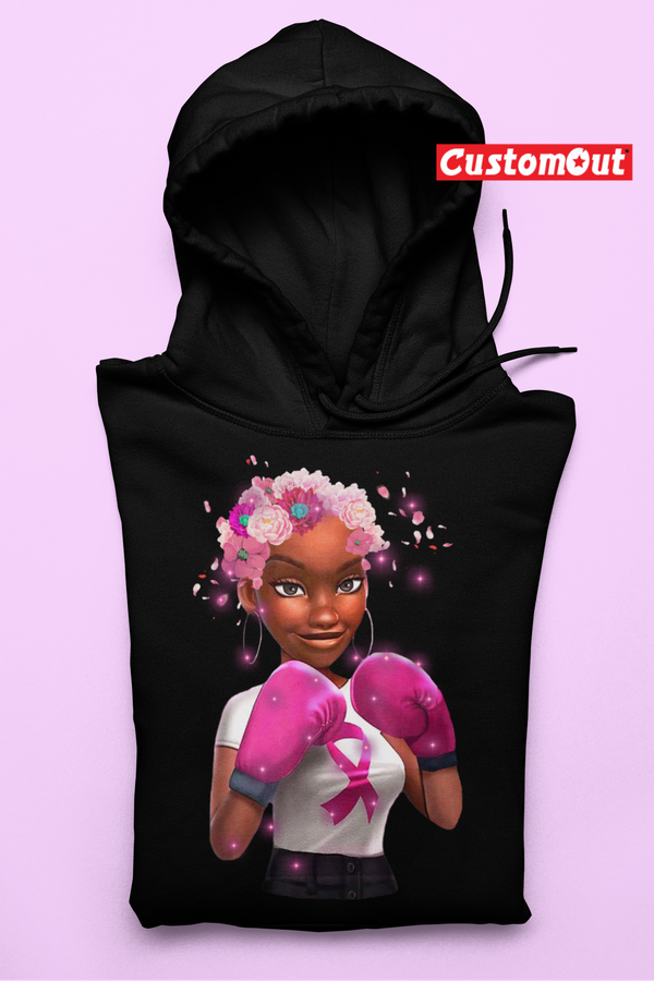 Breast Cancer Girl Boxing Warrior Breast Cancer Woman Ribbon Hoodie -BLACK