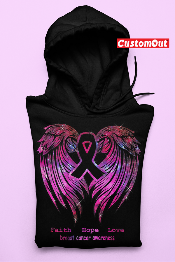 Faith Hope love Breast Cancer Awareness Pink Wings Hoodie -BLACK