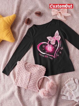 Breast cancer heart cross butterfly gift survivor  Long Sleeve T-Shirt -BLACK